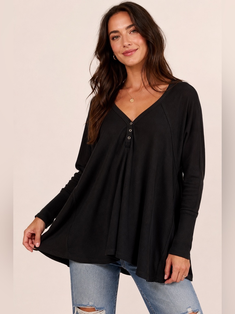 Free People We The Free Black Thermal Knit Swing Tunic Top Women’s Medium Boho